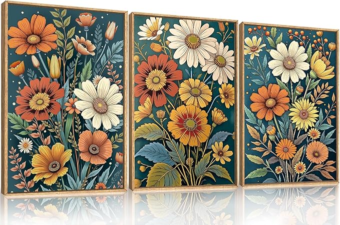 HOURIA Boho Vintage Floral Framed Canvas Wall Art Set,Nordic Retro Colorful Wildflower & Green Leaves Wall Decor,Abstract Vibrant Bouquet Botanical Artwork for Living Room, Bedroom,Farmhouse-24"x36"x3
