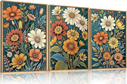 HOURIA Boho Vintage Floral Framed Canvas Wall Art Set,Nordic Retro Colorful Wildflower & Green Leaves Wall Decor,Abstract Vibrant Bouquet Botanical Artwork for Living Room, Bedroom,Farmhouse-24"x36"x3