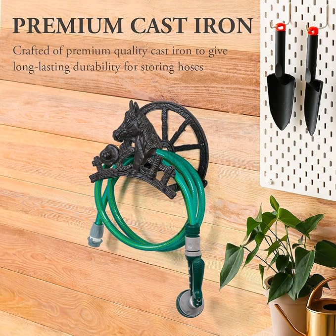 MyGift Heavy Duty Hose Holder, Cast Iron Outdoor Garden Hose Hanger Wall Mounted Water Hose Holder Reel with Vintage Scrollwork Design (Horse and Wagon)
