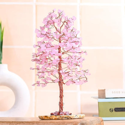 "Rose Quartz Gemstone Tree of LifeNatural Reiki Crystals Gemstone Chakra Tree for Positive Energy, Geode Agate Slice Base, Feng Shui Decor, Good Luck Money Bonsai, Healing Stones, Spiritual Gift"