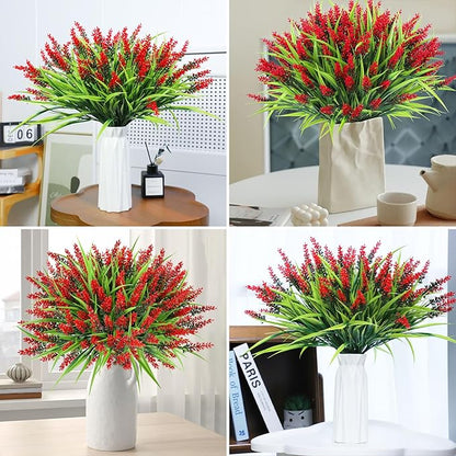 Ouddy Decor 24 Bundles Artificial Flowers for Outdoors, Fake Lavender Flowers Monkey Grass Faux Plastic Plants Shrubs UV Resistant for Porch Garden Window Box Office Home Decorations, Red