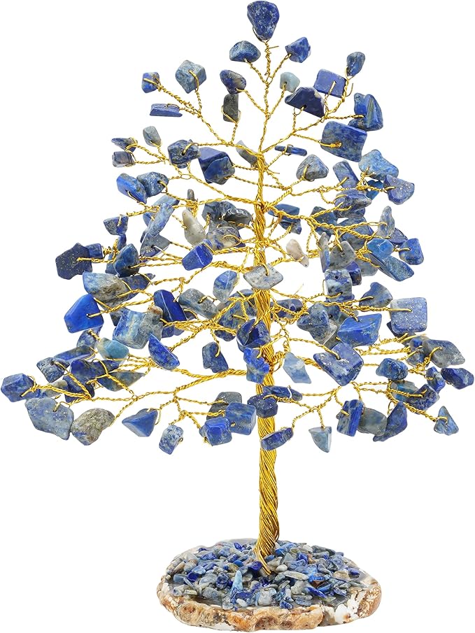 Lapis Lazuli Gemstone Tree of Life - Geode Agate Slice Base, Crystal Tree for Positive Energy, Handmade Chakra Tree, Feng Shui Decor - Good Luck Money Bonsai, Healing Stones Gem Tree, Spiritual Gift