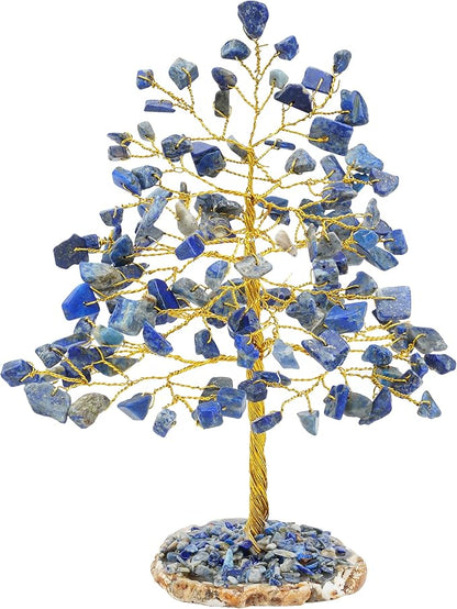 Lapis Lazuli Gemstone Tree of Life - Geode Agate Slice Base, Crystal Tree for Positive Energy, Handmade Chakra Tree, Feng Shui Decor - Good Luck Money Bonsai, Healing Stones Gem Tree, Spiritual Gift