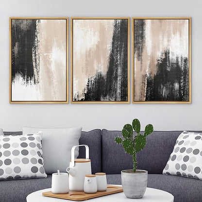 Ashbrook Framed Wall Art Print Set Brown Black Grunge Paint Stroke Landscape Abstract Shapes Illustrations Modern Art Boho Scenic Colorful for Living Room, Bedroom, Office - 16"x24"x3 Natural