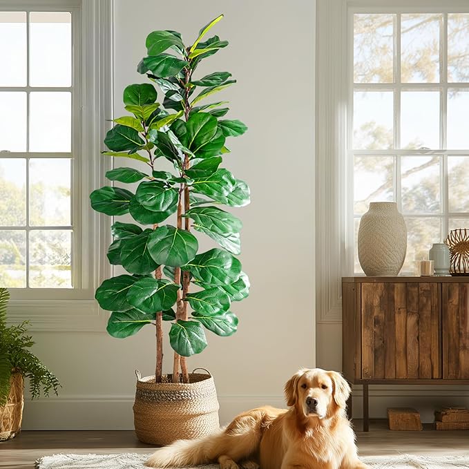 Large Artificial ficus Tree Tall Faux Plastic Plants Flowers Indoor Outdoor Realistic Floor Plant Fake Fiddle Leaf fig Trees for House Home Living Room Office Front Porch Modern Farmhouse Decor