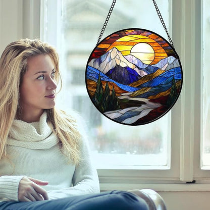 Stained Glass Window Hanging, Yellow Blue Sunset Mountains Scenery Sun Catcher for Window Home Decor Landscape Suncatcher Mother's Day Birthday Gifts for Women Men Mom and Nana 7.8 in