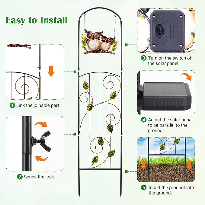 Solar-Powered Trellis for Climbing Plants Outdoor Made of Metal,Voumsil Owl Garden Trellis with Lights for Garden Decor,Court Yard,Balcony