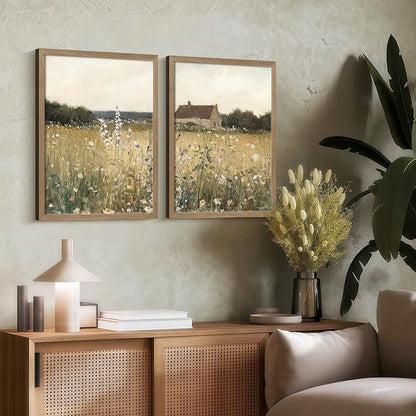 Two Framed Canvas Vintage Wildflower Wall Decor Country House and Wildflower Print Natural Botanical Landscape Wall Decor for Farmhouse Living Room or Bedroom 12x16 Inch