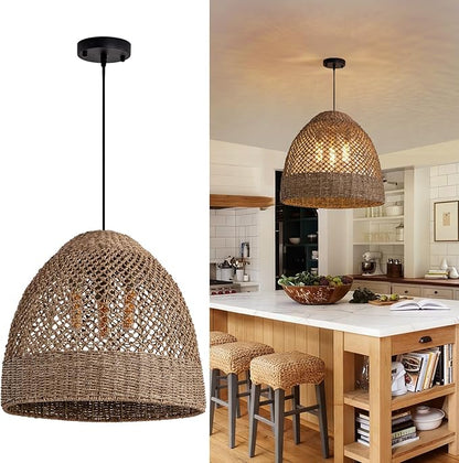 18.9" Costoal Pendant Light Fixture 3-Lights Farmhouse Rattan Chandelier Boho Hand Woven Wicker Hanging Light Fixture for Kitchen Island Living Room Bedroom Dining Room Foyer Restaurant