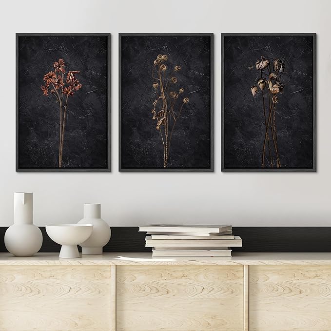 Ashbrook Framed Canvas Print Wall Art Set Dark Moody Wildflowers Nature Wilderness Illustrations Modern Art Decorative Floral Botanical Minimal Calm/Relax/Cozy for Bedroom - 16"x24"x3 Black