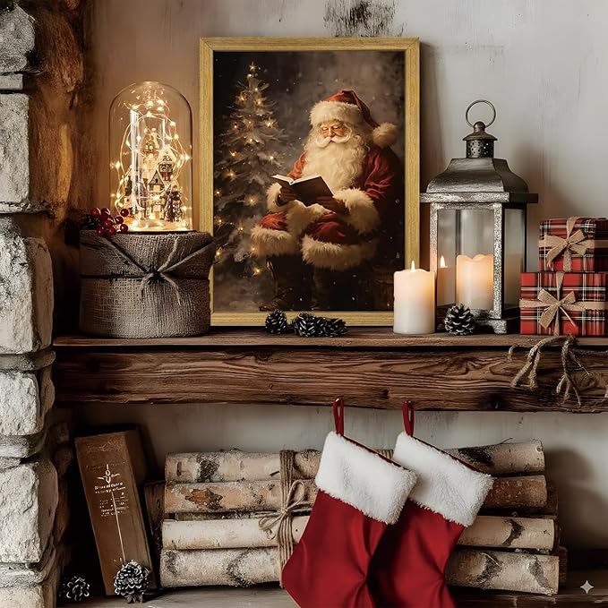 Wood Framed Vintage Santa Claus Wall Art, Classic Christmas Canvas Oil Painting, Rustic Holiday Winter Home Wall Decor Picture, Christmas Gift for Living Room Bedroom Kids Room 8x10 Inch
