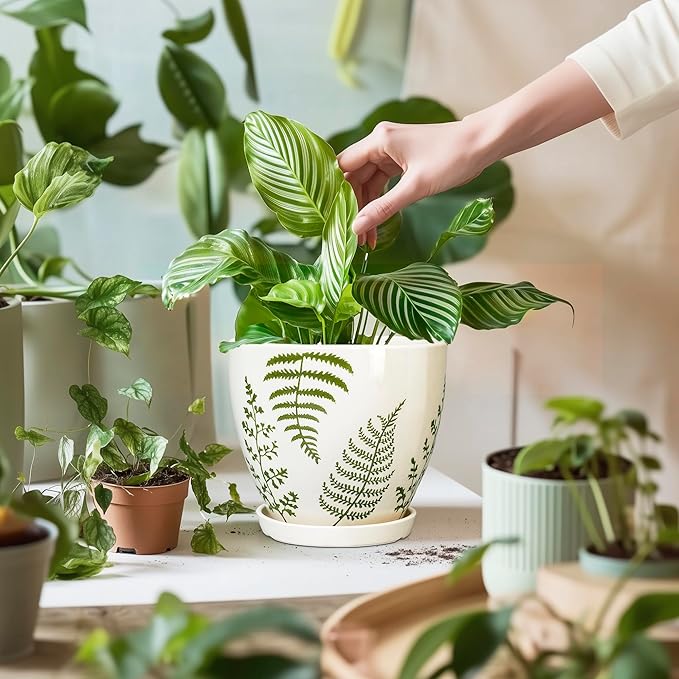 Ceramic Plant Pots Indoor - 10+8+6 Inch Ceramic Planters for Outdoor Flowers, Boho Round Decorative Flower Pots with Drainage Holes and Saucers, Plant Lover Gifts, Patio Decor, Set of 3, White