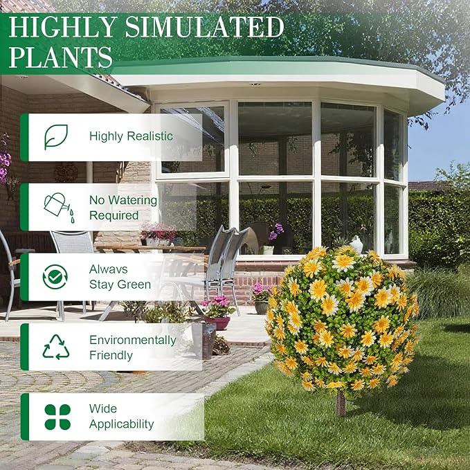 25" Artificial Topiary Ball Fall Tree with Yellow Daisy，Fake Mums Plants with Ground Spike，Set of 2 UV Resistant Faux Bushes, Fake Shrubs for Garden, Patio, Porch, Yard, Indoor