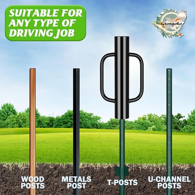 Gtongoko 12LB T Post Driver with Handles Heavy Duty Fence Post Driver Post Pounder for T-Posts，U Channel，Metal Post and Sign Post Pole Driver Tool,17 Inch Black