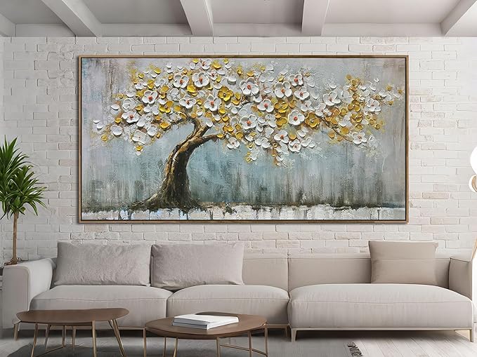 Brushart Gold Tree Wall Art Large Canvas Art Wall Decor for Living Room, Botanical Pictures Paintings Wall Decor Textured Walls for Dining Room Bedroom Home Office, Framed 58"x29"