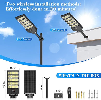 Solar Street Lights Outdoor,10000W Solar Lights Outdoor Waterproof with Motion Sensor, IP66 Solar Flood Lights for Yard, Pathway, Parking Lot - 350° Wide Angle & Remote Control Included (2 PACK)