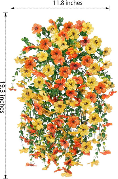 HyeFlora Artificial Flowers for Outdoors Decoration, 2Pcs Fake Hanging Spring Decor, Yellow and Orange Realistic Plants, UV & Fading Resistant Silk Flower for Porch Patio Balcony Planter Yard