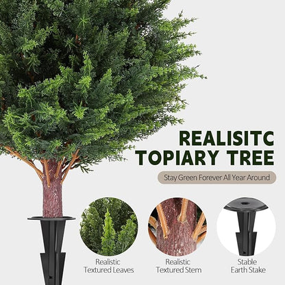 LadyRosian Artificial Cypress Topiary Tree, 25 Inch 2 Set Outdoor Faux Cypress Bush Plants,Indoor Ball Trees with Ground Spike, Fake Potted for Home Front Porch Decor Outside Garden