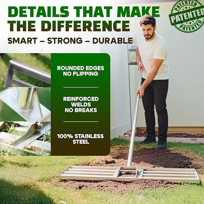 Oris Garden® Lawn Leveling Rake 36 inch - Ground Leveler for yard, sand, soil, grass - Dirt leveling tool, heavy duty stainless steel rakes for golf, grading, gravel, pool seeding, levelling (36 inch)