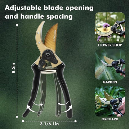 RESTMO 8.6" Professional Pruning Shears, Premium Titanium SKS5 Steel Blade for Long-Lasting Sharpness, Forged Aluminum Handles for Durability, Bypass Pruners for Gardening, Clippers & Scissor Tool