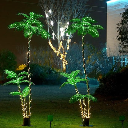 Solar Artificial Palm Tree Christmas Tree 7Ft 3Trunks 260LED Lighted Simulation Tropical Palm Tree Fake Plant Light for Patio Home Office Beach Yard Cruise Party Tiki Bar Decorations