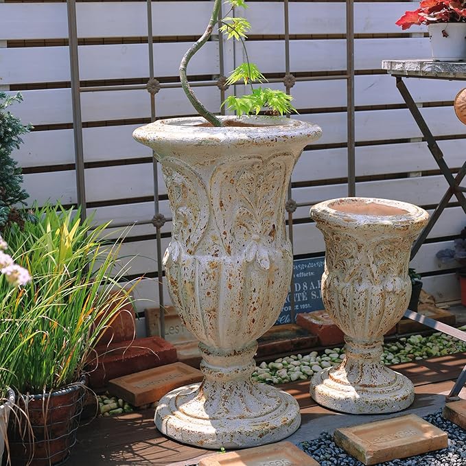 VISIBLE Vintage European Giant Garden Urn Planter, Decorative Cement and Fiber Flower Pot, Make Rust Finished, Wrap Foam Safely Delivered from Local Warehouse (Vintage, Large)