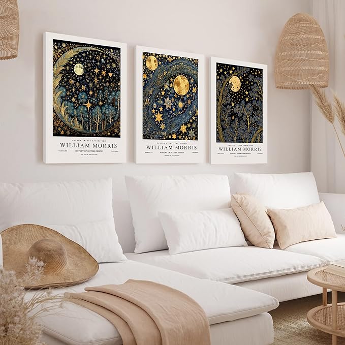 WRFON William Morris Canvas Wall Art, Vintage Gold Moon Wall Decor, Dreamlike Stars Poster Prints, Retro Botanical Aesthetic Pictures for Bedroom Living Room Office Framed Ready to Hang 12"x16"x3