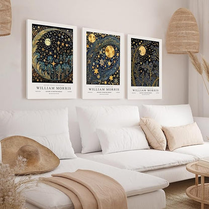 WRFON William Morris Canvas Wall Art, Vintage Gold Moon Wall Decor, Dreamlike Stars Poster Prints, Retro Botanical Aesthetic Pictures for Bedroom Living Room Office Framed Ready to Hang 12"x16"x3