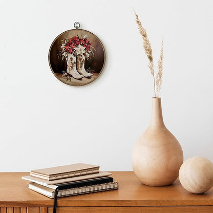 TLESKE Christmas Western Cowgirl Floral Round Wall Art Decor Framed 10x10, Preppy Cowgirl Boot Canvas Wall Art Prints Artwork, Winter Cowboy Hanging Wall Picture Room Decor for Bedroom Living Room