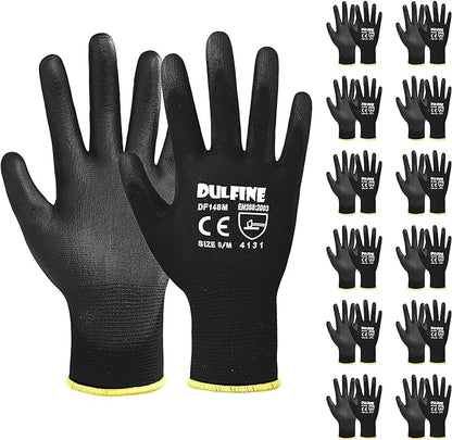 DULFINE Ultra-Thin PU Coated Work Gloves-12 Pairs,Excellent Grip,Nylon Shell Black Polyurethane Coated Safety Work Gloves, Knit Wrist Cuff,Ideal for Light Duty Work. (X-Small)