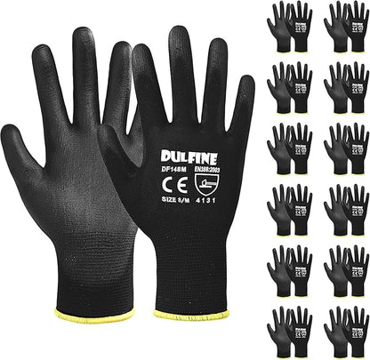 Ultra-Thin PU Coated Work Gloves-12 Pairs,Excellent Grip,Nylon Shell Black Polyurethane Coated Safety Work Gloves, Knit Wrist Cuff,Ideal for Light Duty Work. (Medium)