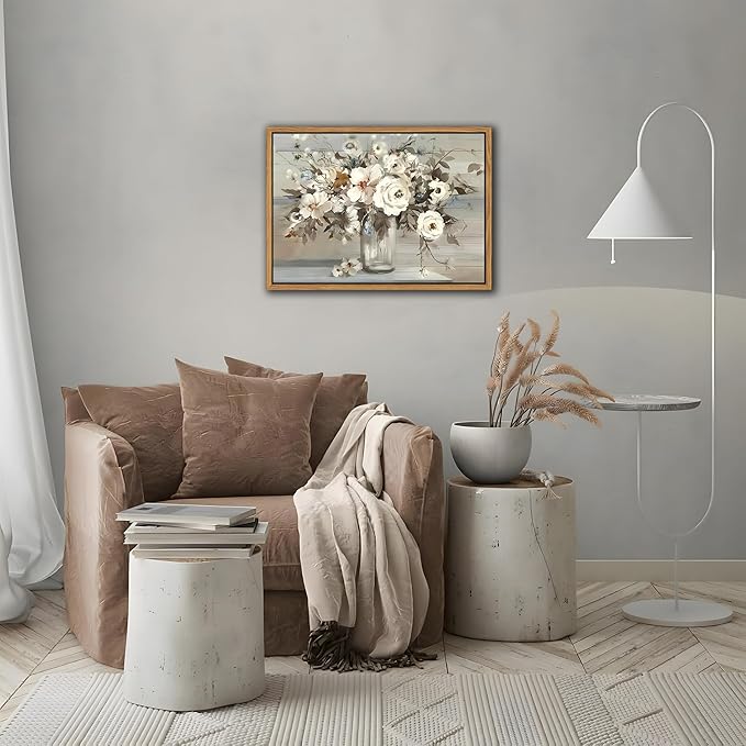 SAMHOU Floating Framed Canvas Wall Art, Vintage White Floral Poster Prints, Nature Plant Picture Wall Decor, Modern Farmhouse Painting Decor for Living Room Kitchen Bathroom Bedroom 16x24 inch