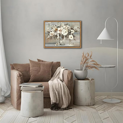 SAMHOU Floating Framed Canvas Wall Art, Vintage White Floral Poster Prints, Nature Plant Picture Wall Decor, Modern Farmhouse Painting Decor for Living Room Kitchen Bathroom Bedroom 16x24 inch