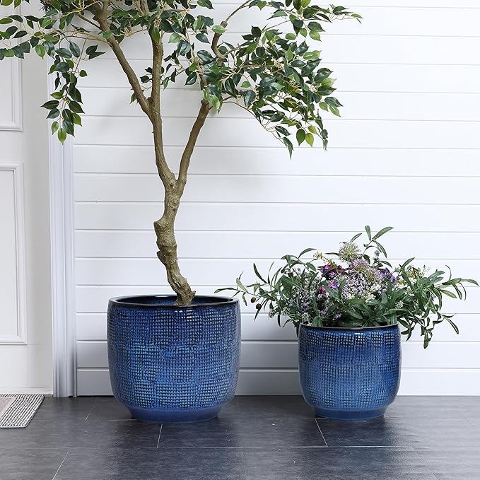 LuxenHome 12" Dia Round Ceramic Plant Pots, Modern Blue Glazed Large Planters Pot for Outdoor Plants with Drainage Hole and Rubber Plug, Decorative Indoor Flower Pots for Home Garden Patio