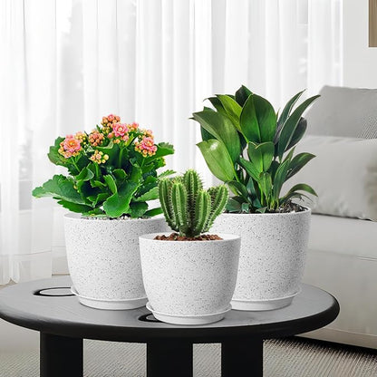 10/9/8 inch Medium Plant Pots, Set of 3 Modern Decorative Plastic Planters with Drainage Holes and Saucers for Garden House Plants, Flower Pots for Indoor Outdoor Plants, Speckled White