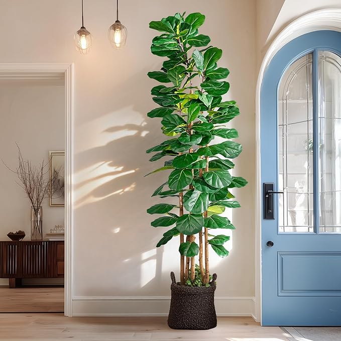 Large Fake Fiddle Leaf fig Trees Tall Artificial ficus Tree Indoor Outdoor Realistic Floor Plant Faux Plastic Plants Flowers for House Home Living Room Office Front Porch Modern Farmhouse Decor