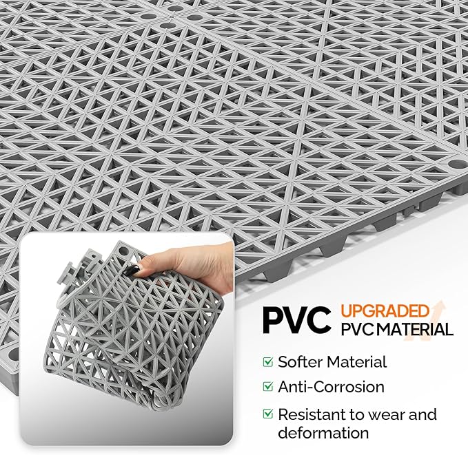 ROVSUN 40 PCS Interlocking Drainage Mat, 12’’x12’’ Drainage Tiles Interlocking,Soft PVC Floor Tiles, Non-Slip Drainage Holes for Restroom, Bathroom, Pool, Kitchen, Wet Areas,Grey