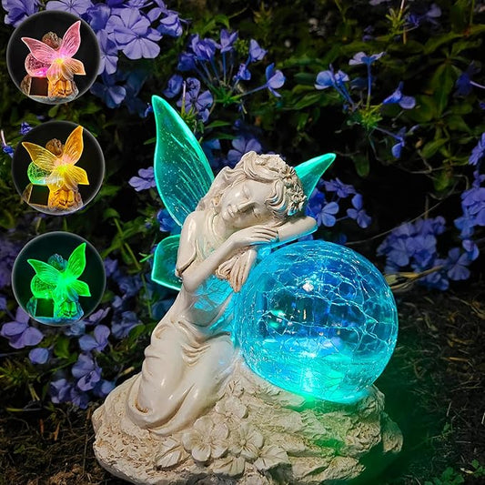 Solar Fairy Garden Statue with Cracked Glass Ball & Glowing Wings, Waterproof Outdoor Fairy Decor for Yard, Patio, Lawn – Ideal for Garden Lovers & Holiday Giving (7.67x6.69 Inches)