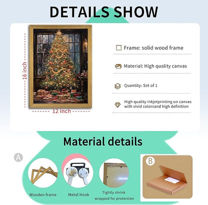 Christmas Canvas Wall Art, Vintage Christmas Tree Decor, Living Room Pine Tree Decorations, Winter Cottagecore, Decor for Bedroom Bathroom Xmas Holiday Decorations Gifts 12x16 Inch Wood Framed