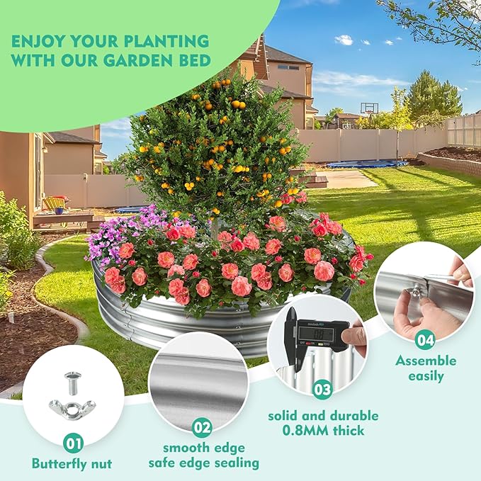 5FT Diameter Galvanized Garden Raised Bed/Plant Box/Fire Pit Ring-0.8mm Thick,12 Inch Tall,Crimped Edge and Corner,No Sharpe,Perfect for Plantings (Silver, 60 Dia X 11.5 inches)