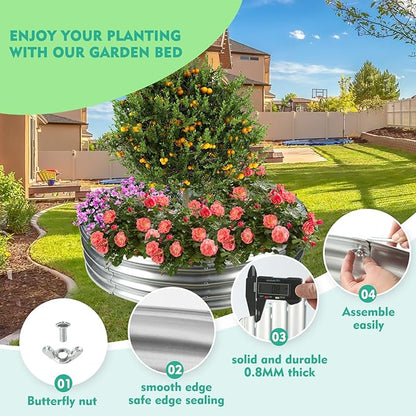 5FT Diameter Galvanized Garden Raised Bed/Plant Box/Fire Pit Ring-0.8mm Thick,12 Inch Tall,Crimped Edge and Corner,No Sharpe,Perfect for Plantings (Silver, 60 Dia X 11.5 inches)