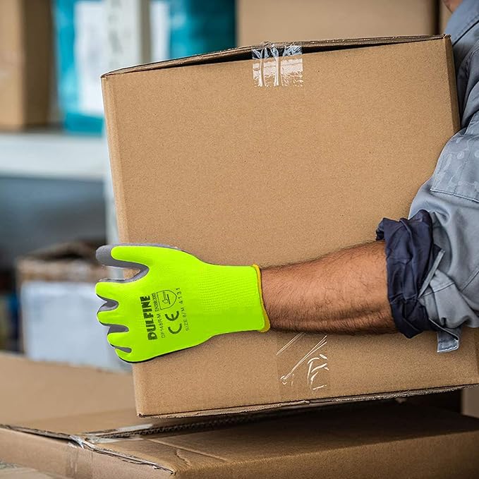 Safety Work Gloves for Men PU Coated 12 Pairs Bulk Pack,Hi-Vis Yellow Seamless Knit Glove with thin Polyurethane Coated Smooth Grip on Palm & Fingers,Ideal for General Duty Work (Extra Large)