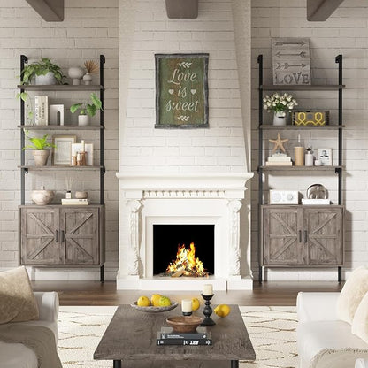 Ladder Bookshelf with Cabinet, 6 Tier Industrial Wall Mount Ladder Bookcase with Farmhouse Cabinet, Tall Narrow Open Ladder Shelf with Metal Frame for Living Room, Bathroom, Home Office, Rustic Grey