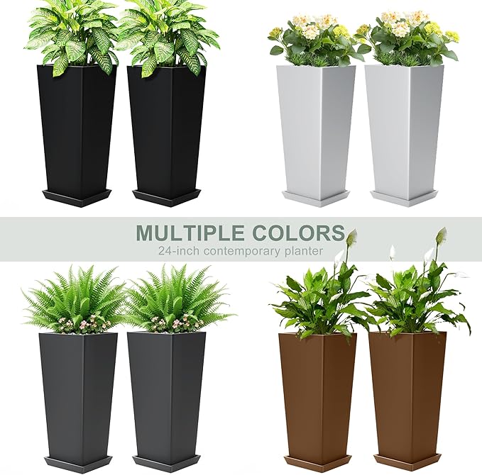 24" Set of 2 Tall Planters, Large Outdoor Flower Pots with Drainage Tray Modern Indoor Tapered Planter for Patio, Garden, Front Porch, Backyard (Black)