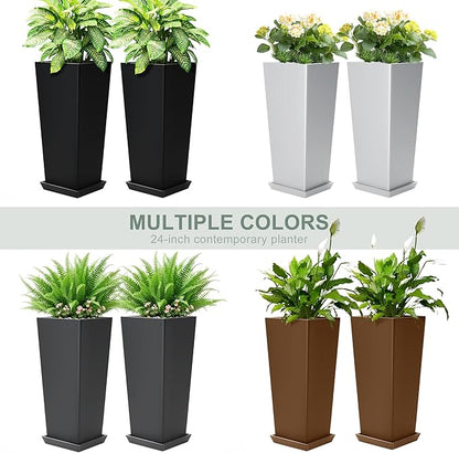 Set of 2 Tall Planters for Outdoor Plants with Drainage Tray, 24" Large Flower Pots for Front Porch Decor, Patio, Garden (White 24")
