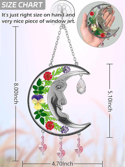 KY&BOSAM Moon Suncatchers Crystal Sun Face Gifts for Mom Family Friends Stained Glass for Windows Wind Chimes Real Flower Colorful Crystal Outdoor for Garden Indoor Home Trees Patio Yard Porch Decor