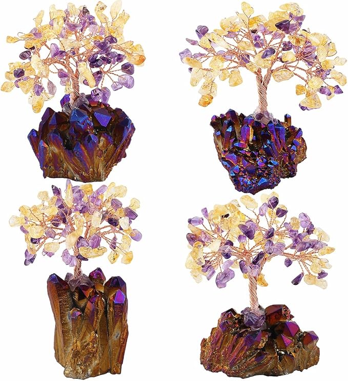 mookaitedecor Citrine & Amethyst Crystal Tree, Quartz Cluster Purple Titanium Crystals Base Bonsai Money Tree for Wealth and Luck