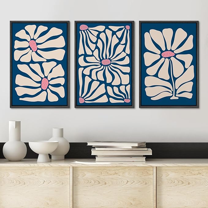 Ashbrook Framed Canvas Print Wall Art Set Mid-Century Modern Navy Blue Flowers Nature Wilderness Illustrations Modern Art Floral Botanical Minimal Calm/Relax/Cozy for Bedroom - 24"x36"x3 Black
