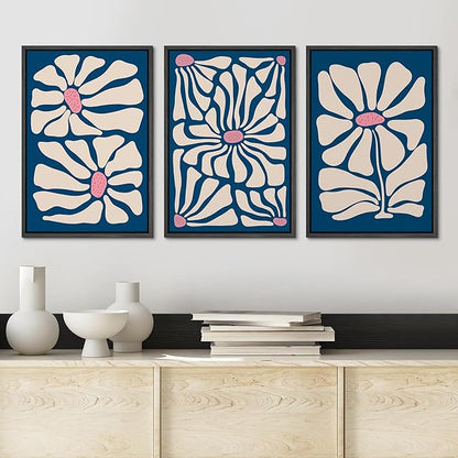 Ashbrook Framed Canvas Print Wall Art Set Mid-Century Modern Navy BLue FLowers Nature Wilderness Illustrations Modern Art Floral Botanical Minimal Calm/Relax/Cozy for Bedroom - 16"x24"x3 BLACK