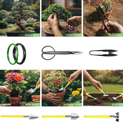 Bonsai Tools Set 7Pcs, MOSFiATA Bonsai Tree Tools Kit Succulent Trimming Tools Include Scissors, Cutters, Rake, Round and Pointed Shovel &Training Wire for Bonsai Beginner Gardening Gifts